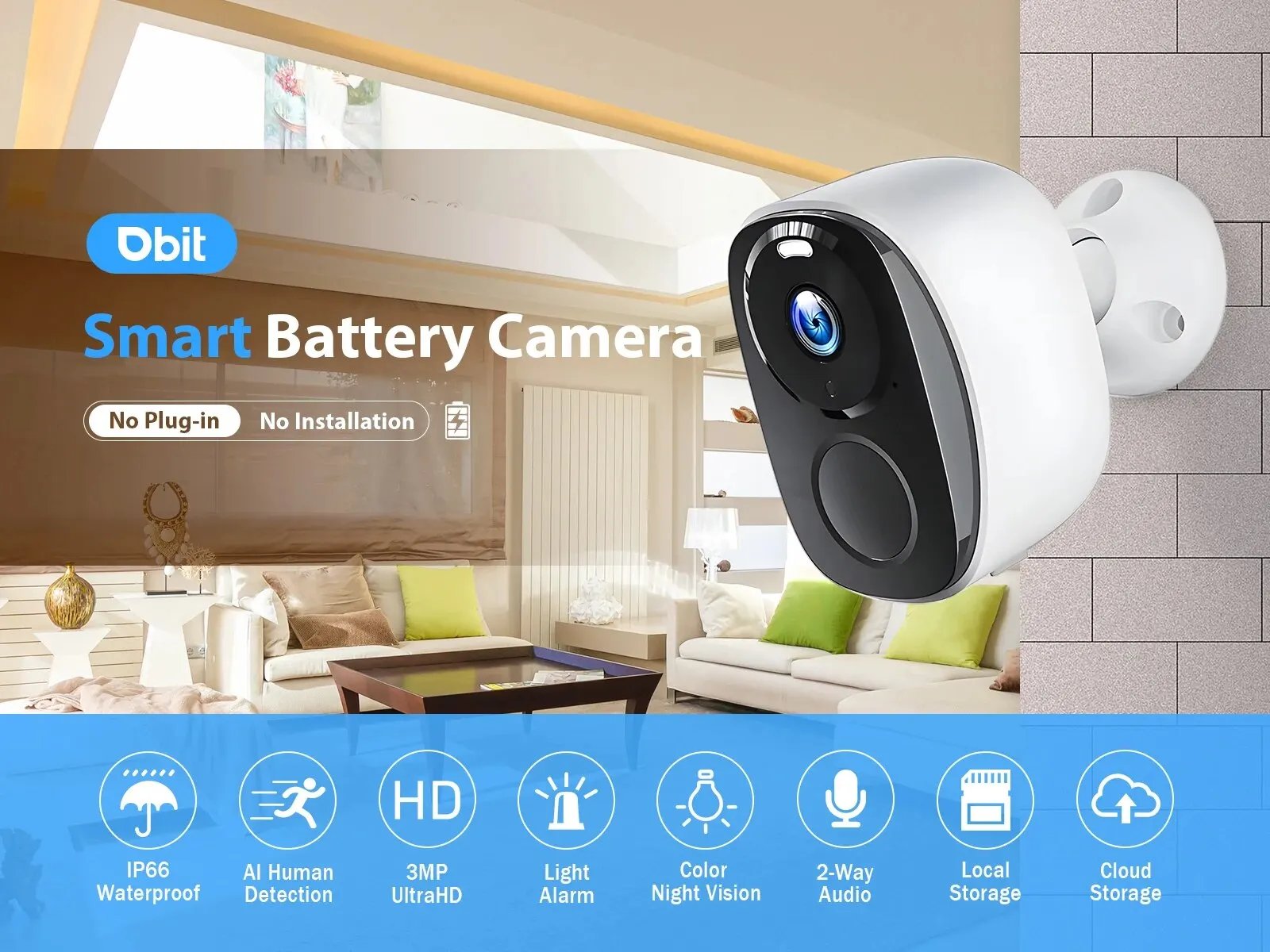 DBIT Wifi Survalance Camera 3MP Security Protection Outdoor IP Camera Smart Home Night Vision Video Recorder Battery Powered