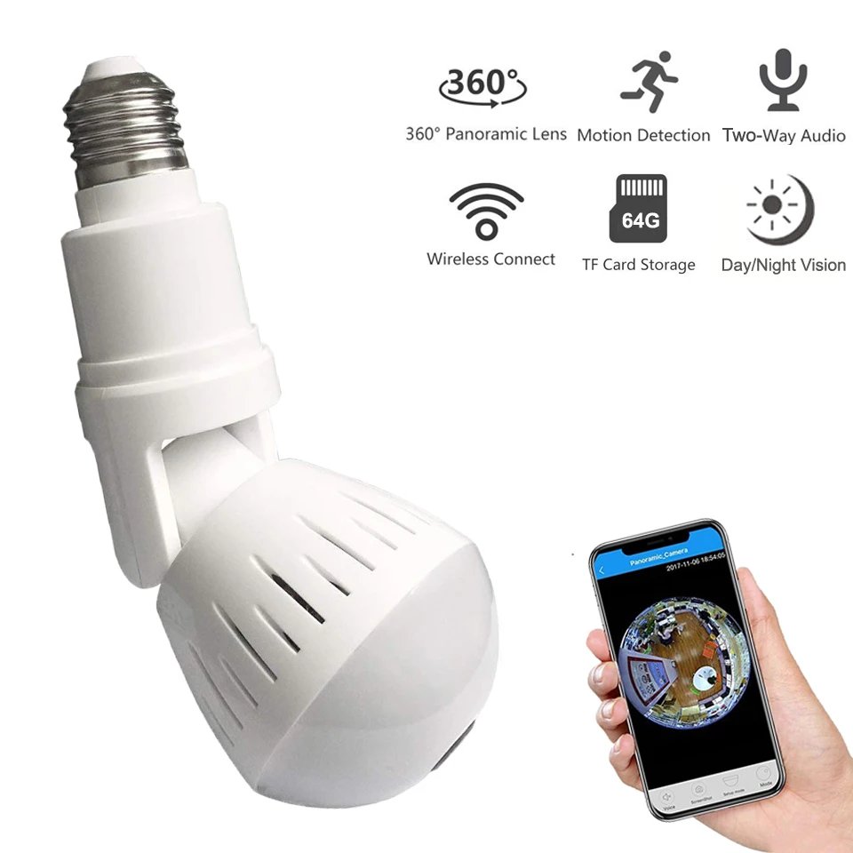 360 Degree Panoramic Fisheye IP 2MP WiFi Wireless Night Vision Mini E27 Smart Bulb Camera for Home Baby Pet Security Monitor