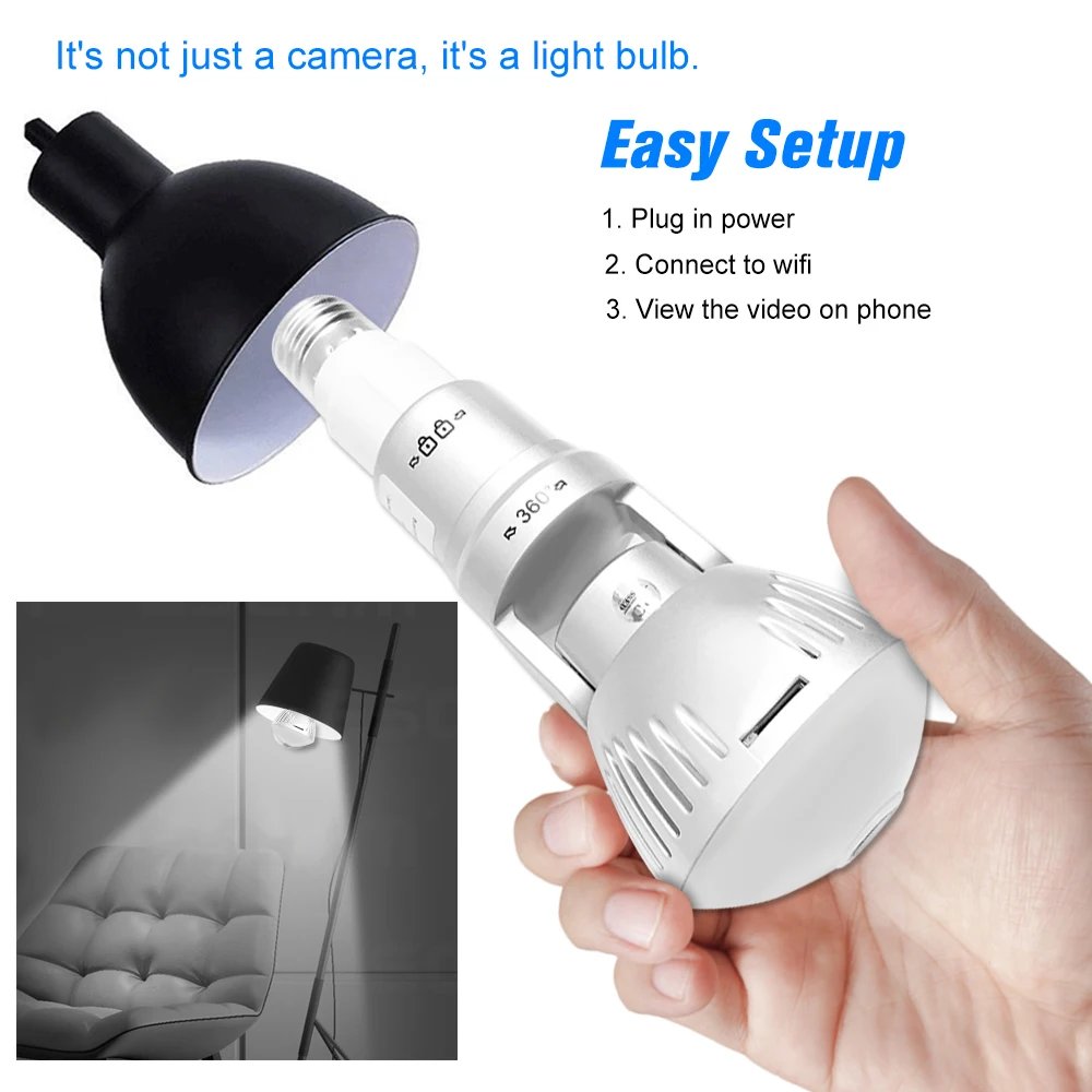 360 Degree Panoramic Fisheye IP 2MP WiFi Wireless Night Vision Mini E27 Smart Bulb Camera for Home Baby Pet Security Monitor