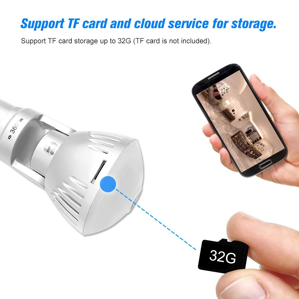 360 Degree Panoramic Fisheye IP 2MP WiFi Wireless Night Vision Mini E27 Smart Bulb Camera for Home Baby Pet Security Monitor