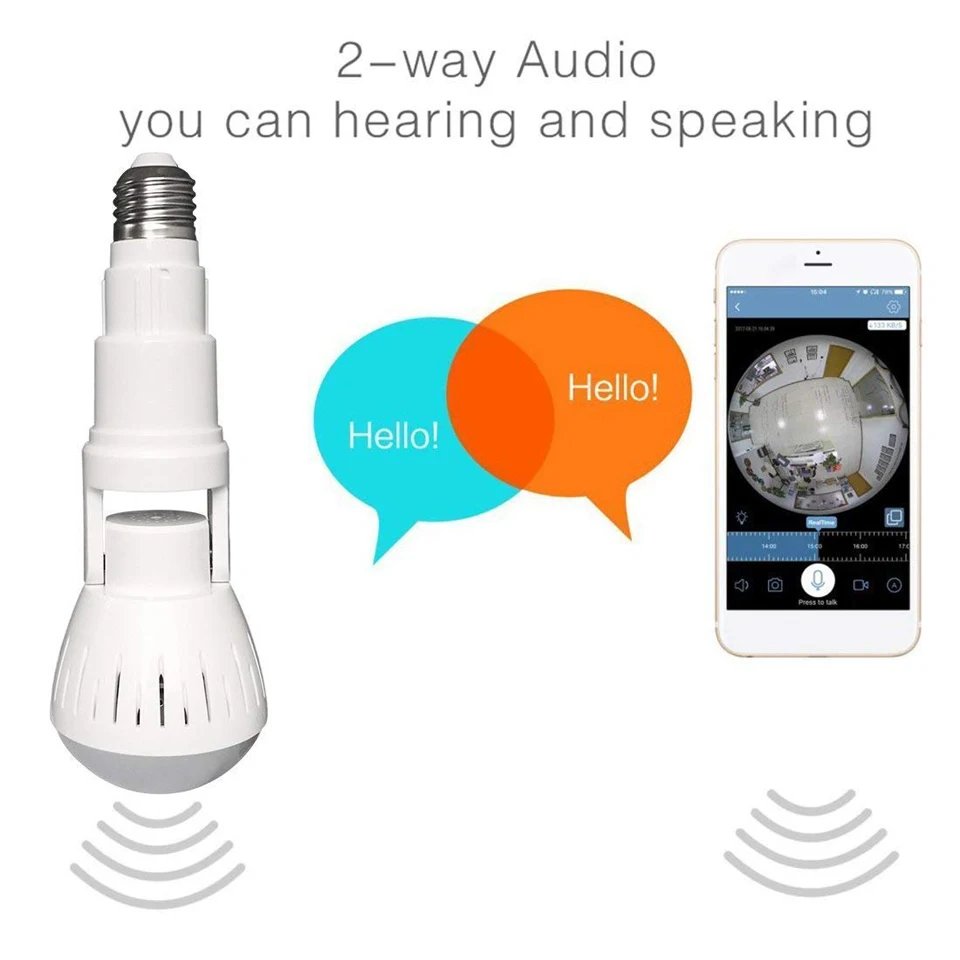 360 Degree Panoramic Fisheye IP 2MP WiFi Wireless Night Vision Mini E27 Smart Bulb Camera for Home Baby Pet Security Monitor