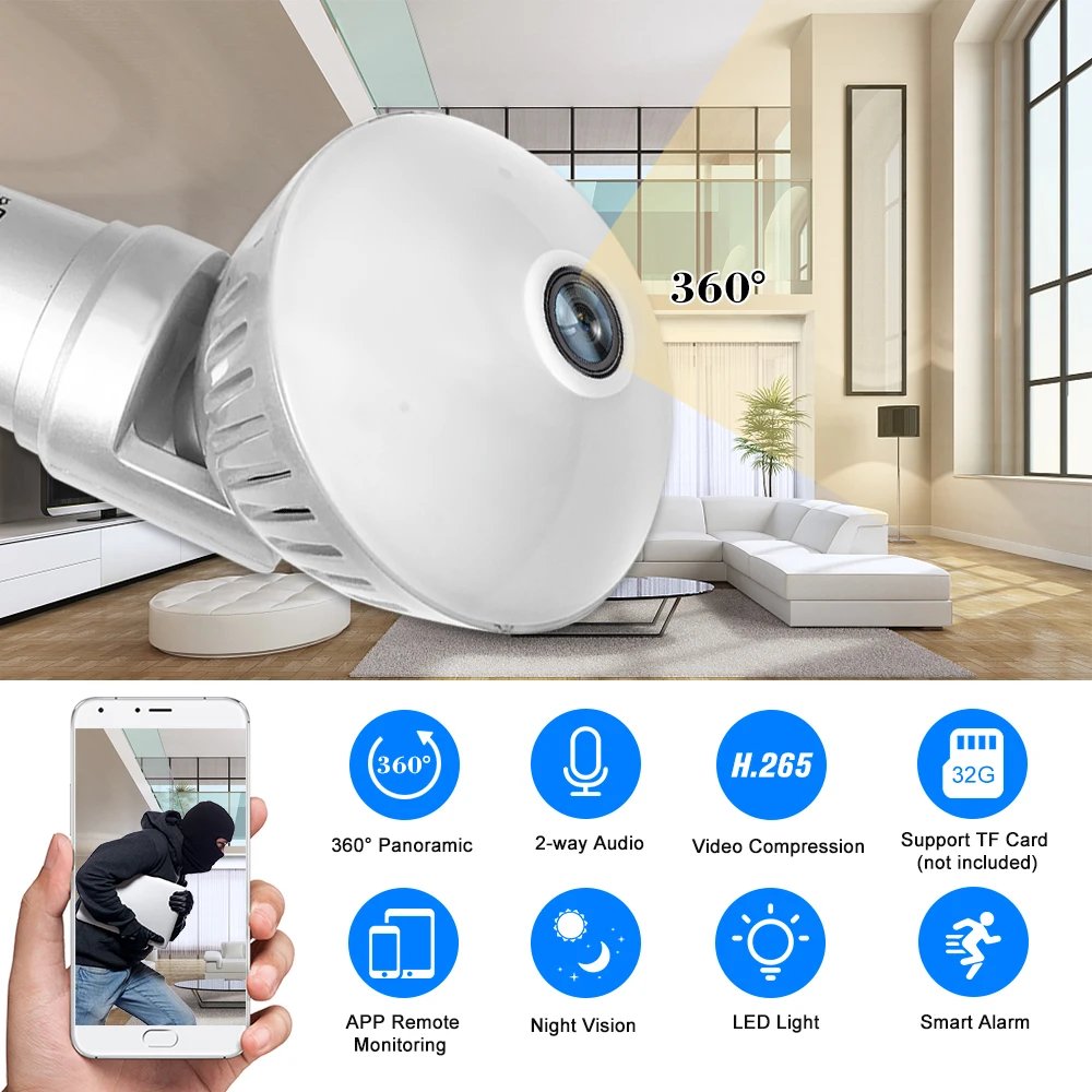 360 Degree Panoramic Fisheye IP 2MP WiFi Wireless Night Vision Mini E27 Smart Bulb Camera for Home Baby Pet Security Monitor