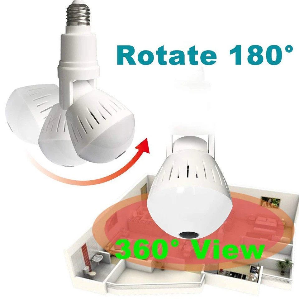 360 Degree Panoramic Fisheye IP 2MP WiFi Wireless Night Vision Mini E27 Smart Bulb Camera for Home Baby Pet Security Monitor