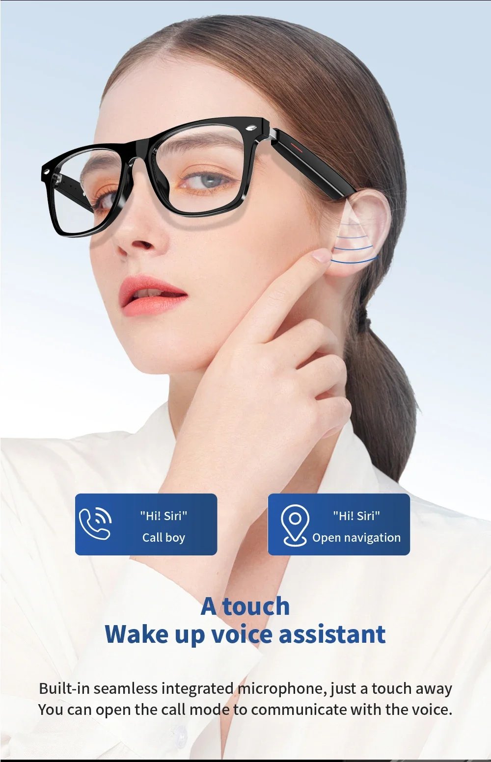 Camera Smart Glasses Blue Light Filtering Polarized Sunglass Lenses Audio Built-in Mic & Speakers Touch & Voice Assistant Music