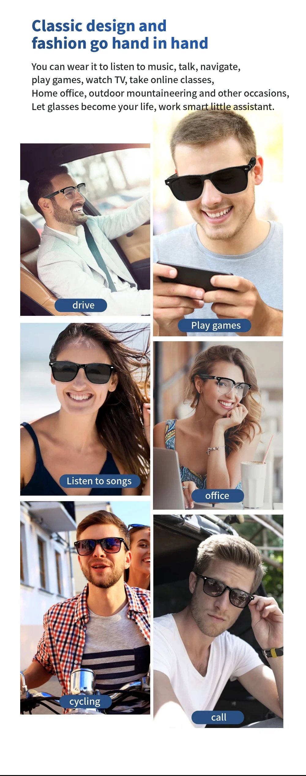 Camera Smart Glasses Blue Light Filtering Polarized Sunglass Lenses Audio Built-in Mic & Speakers Touch & Voice Assistant Music