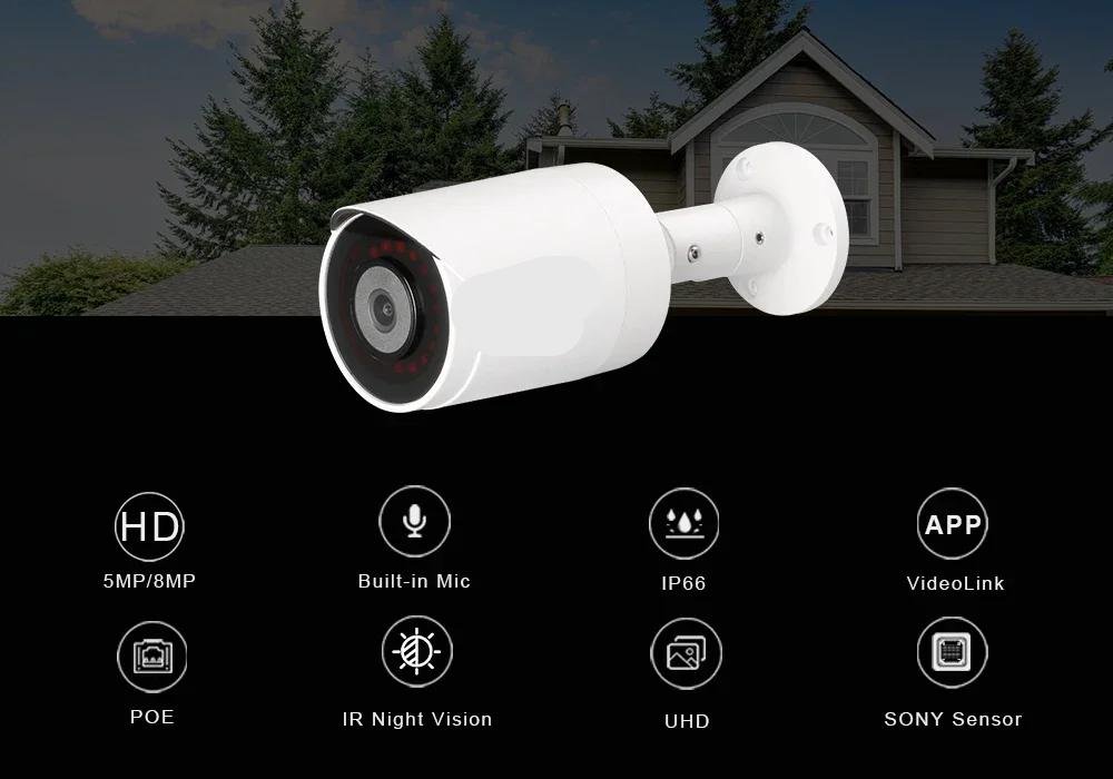 POE CCTV IP Bullet Camera - Audio 5MP 4K Video Waterproof IR Night Vision Onvif Danale Cloud