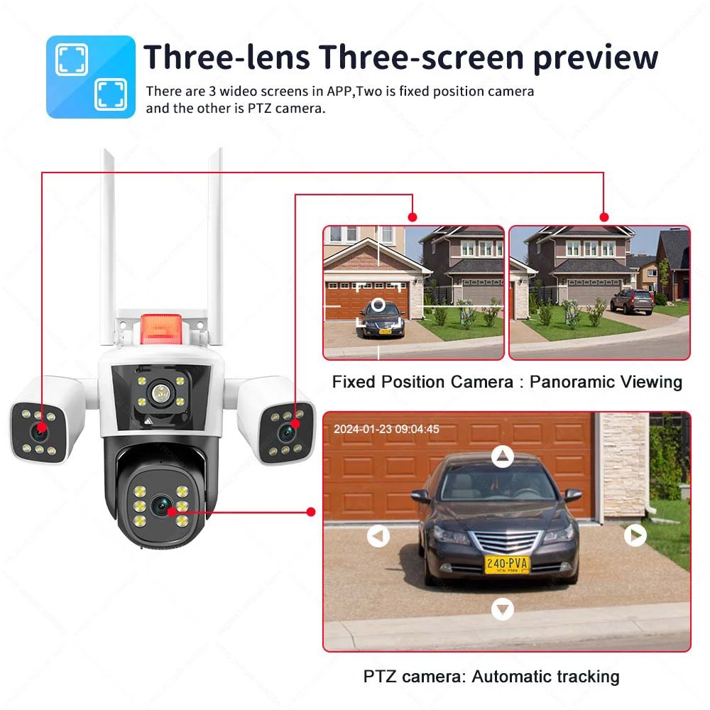 PTZ IP CCTV Camera AI Tracking - Security Protection 6K 12MP WiFi Three lens Panoramic View