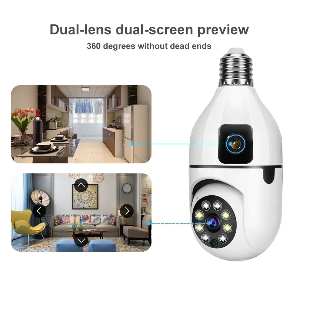 PTZ lamp Surveillance Camera - AI Tracking E27 Wifi Dual Lens Camera 1080P 5MP 4K