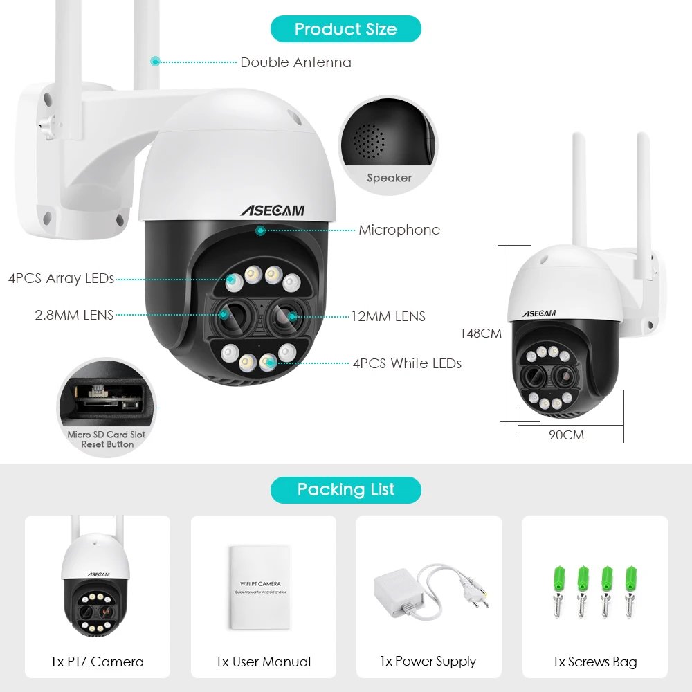 PTZ WiFi IP Camera - Outdoor AI Human Tracking 8MP Dual Lens 2.8mm -12mm 8X Zoom 4K
