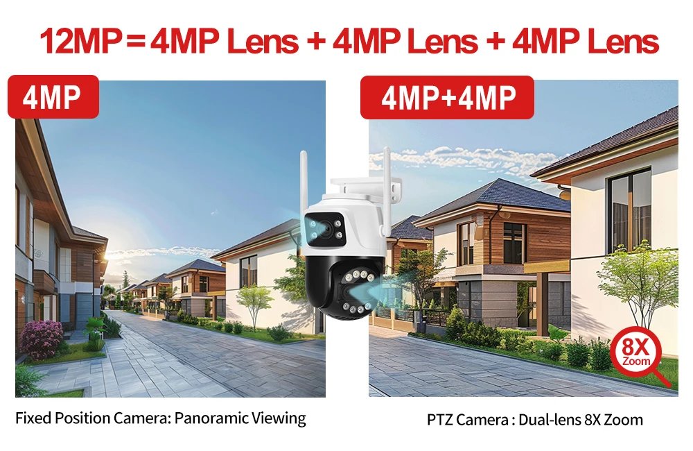 PTZ WiFi IP Camera - Outdoor AI Human Tracking 8MP Dual Lens 2.8mm -12mm 8X Zoom 4K