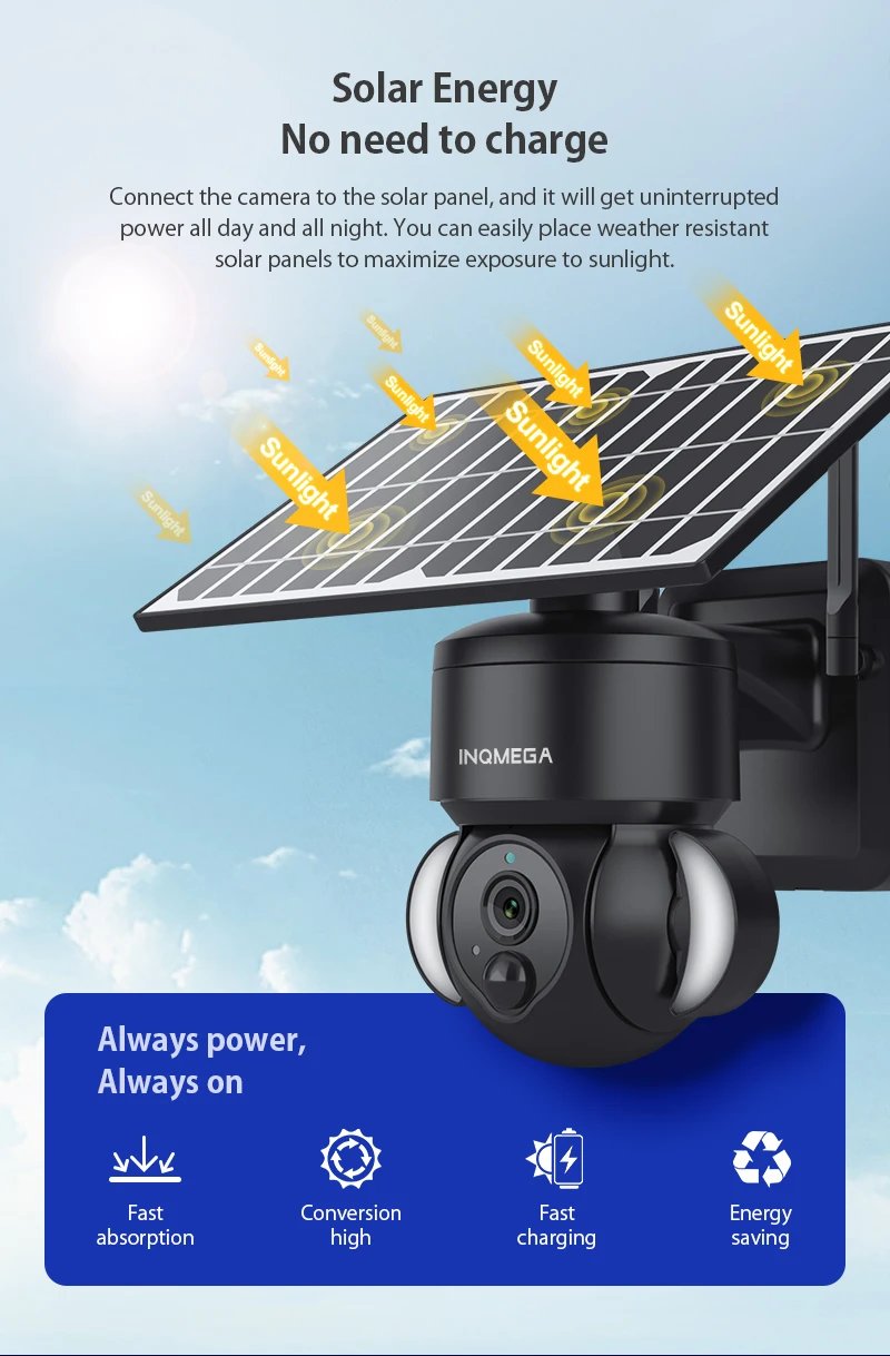 Camera with Solar Panel PTZ - PIR Motion Detection, Video Surveillance CCTV Supports Alexa' amazon and tuya