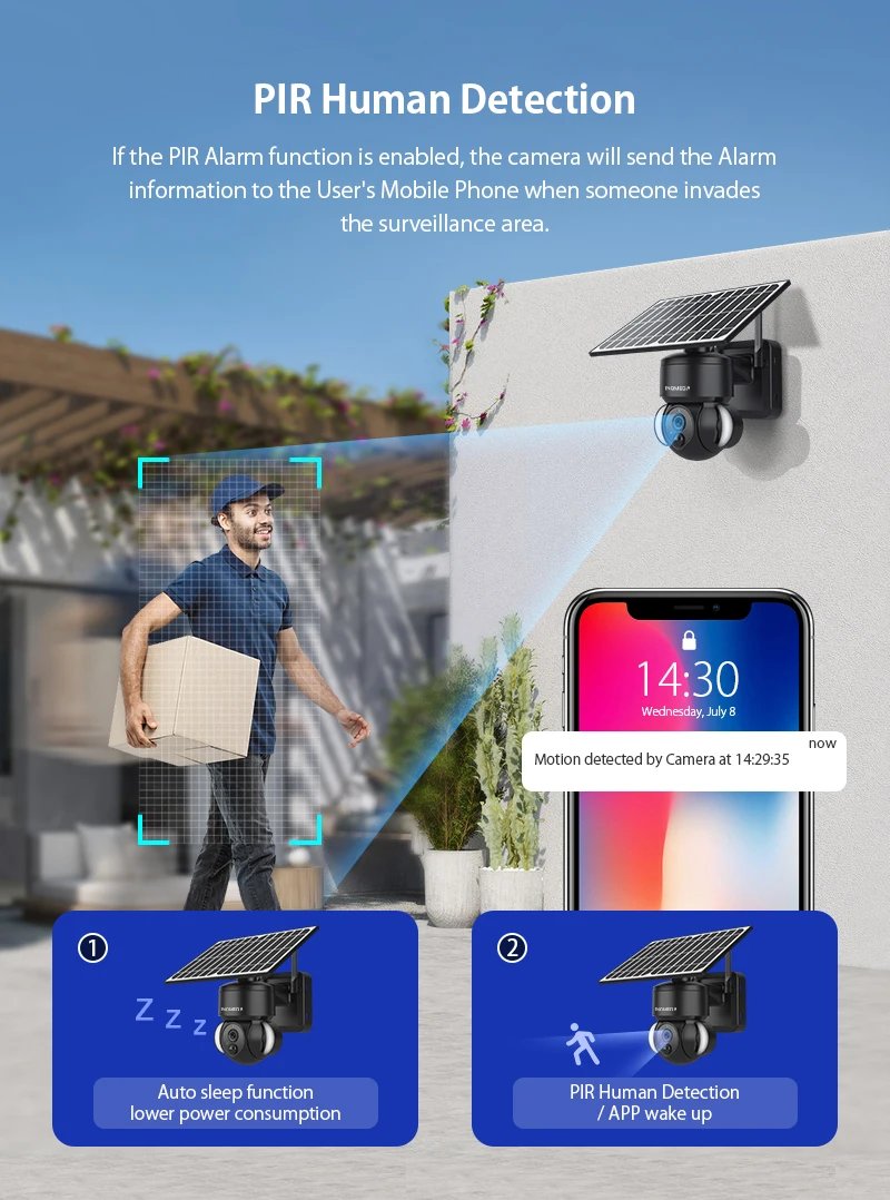 Camera with Solar Panel PTZ - PIR Motion Detection, Video Surveillance CCTV Supports Alexa' amazon and tuya