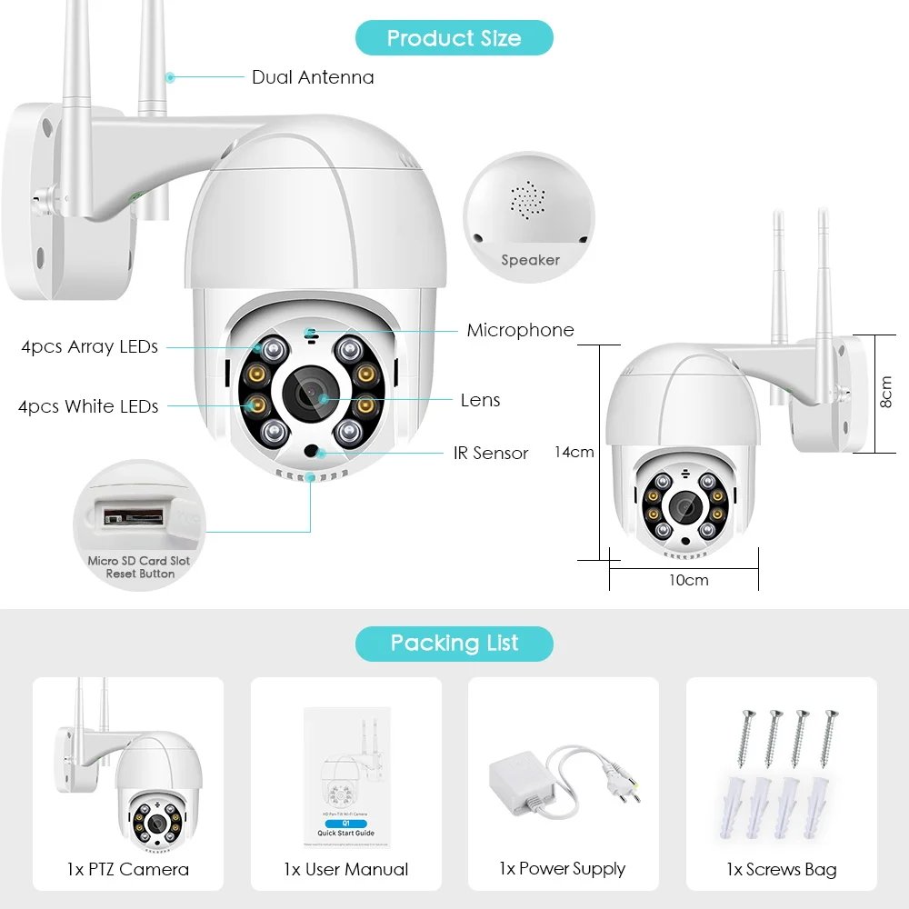 PTZ IP Camera AI Human Detection - Audio 1080P Wireless Security CCTV Camera P2P 5MP