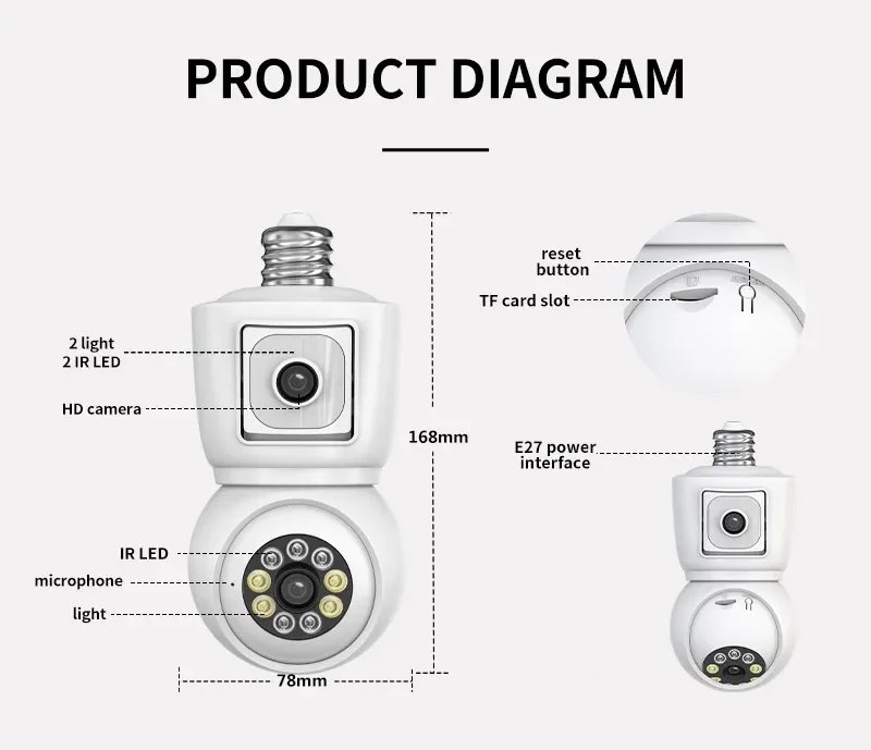 4K 8MP E27 Bulb/lamp WiFi IP Camera - Dual Lens Auto Tracking Two Way Audio Color Bluetooth 4K 8MP E27 Bulb
