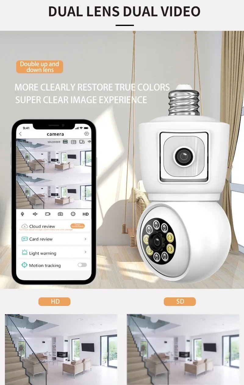 4K 8MP E27 Bulb/lamp WiFi IP Camera - Dual Lens Auto Tracking Two Way Audio Color Bluetooth 4K 8MP E27 Bulb