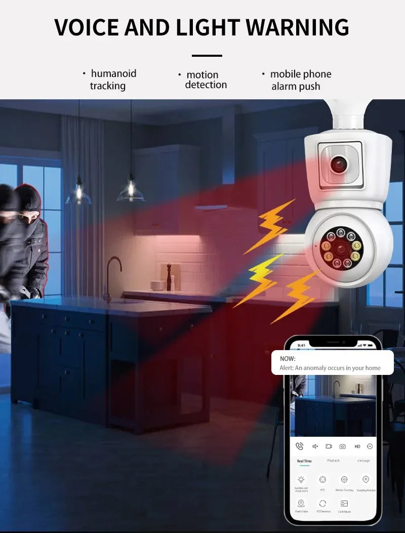 4K 8MP E27 Bulb/lamp WiFi IP Camera - Dual Lens Auto Tracking Two Way Audio Color Bluetooth 4K 8MP E27 Bulb
