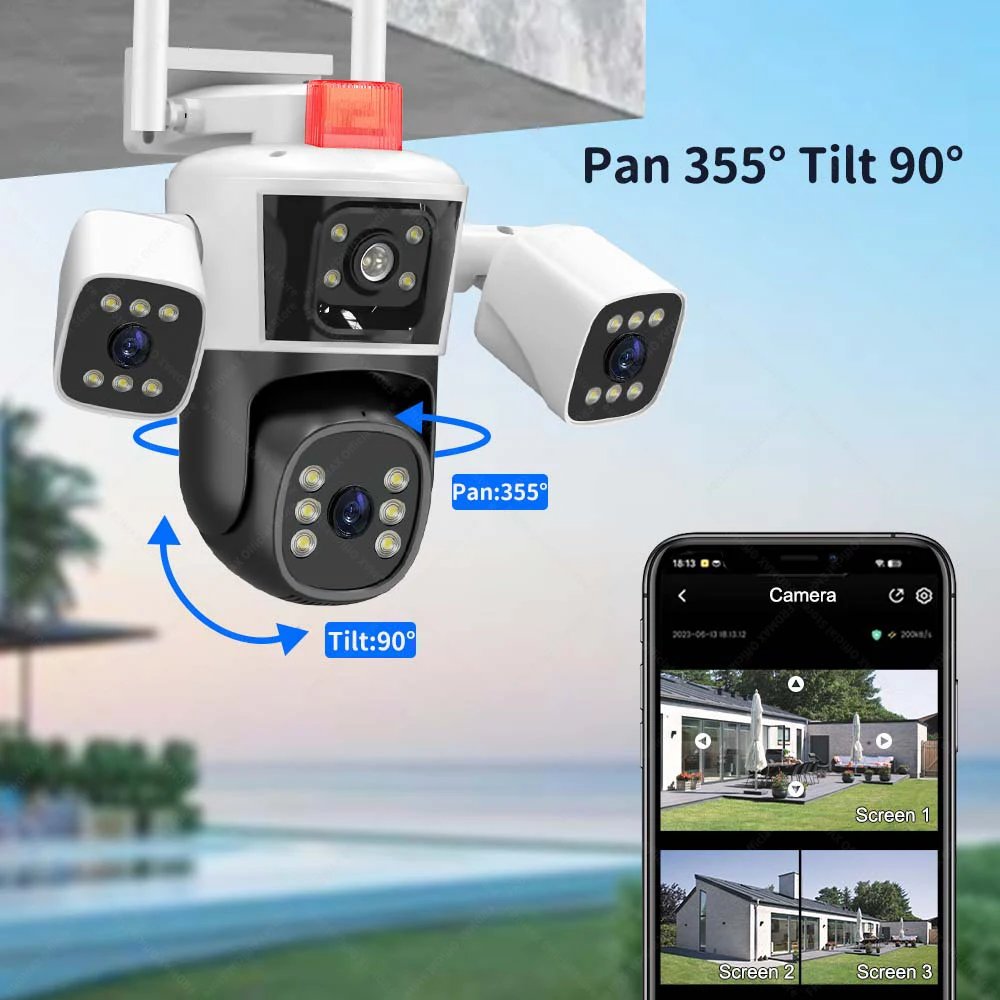 PTZ IP Camera Auto Tracking CCTV - 8K 16MP WiFi Camera 10X Zoom Four Lens Outdoor Security Protection
