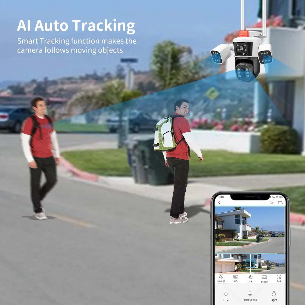 PTZ IP Camera Auto Tracking CCTV - 8K 16MP WiFi Camera 10X Zoom Four Lens Outdoor Security Protection