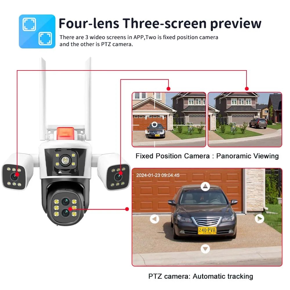 PTZ IP Camera Auto Tracking CCTV - 8K 16MP WiFi Camera 10X Zoom Four Lens Outdoor Security Protection PTZ IP Camera Auto Tracking CCTV - 8K 16MP WiFi Camera 10X Zoom Four Lens Outdoor Security Protection