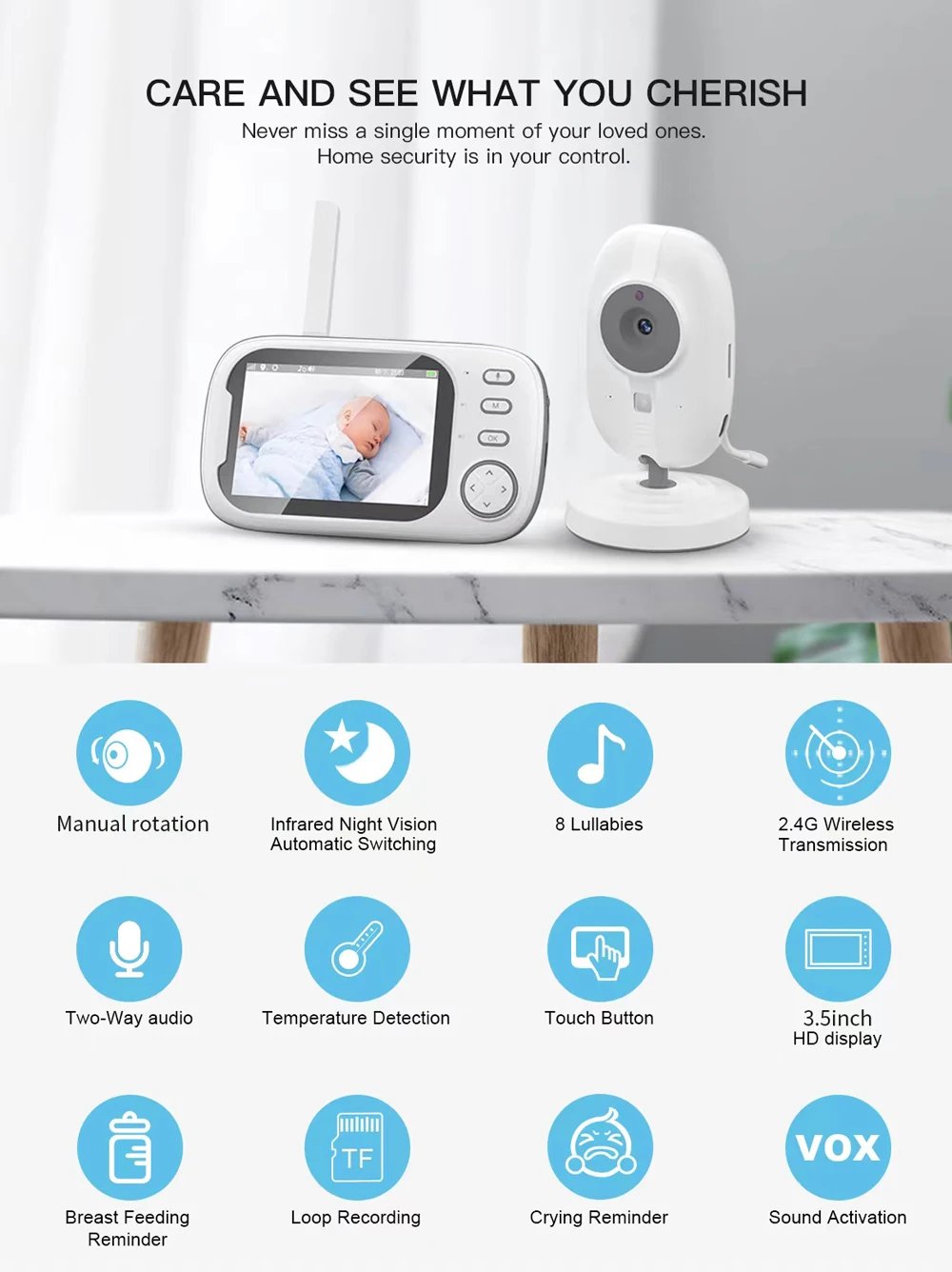 Wireless Video Home Baby camera Monitor - Night Vision Temperature Monitoring 2 Way Audio Talk Baby