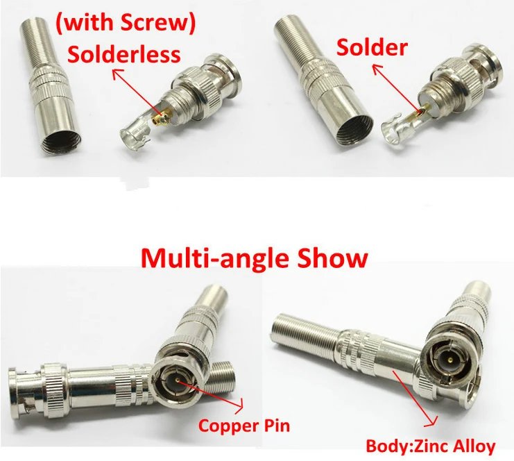 Male Solderless BNC Male Female Connector - for Cctv Camera System Connectors Coaxial CCTV Camera Accessories