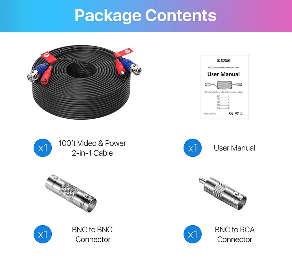100ft/30M CCTV Cable BNC + DC Plug Cable - For CCTV Camera DVR Security Black Surveillance System Accessories