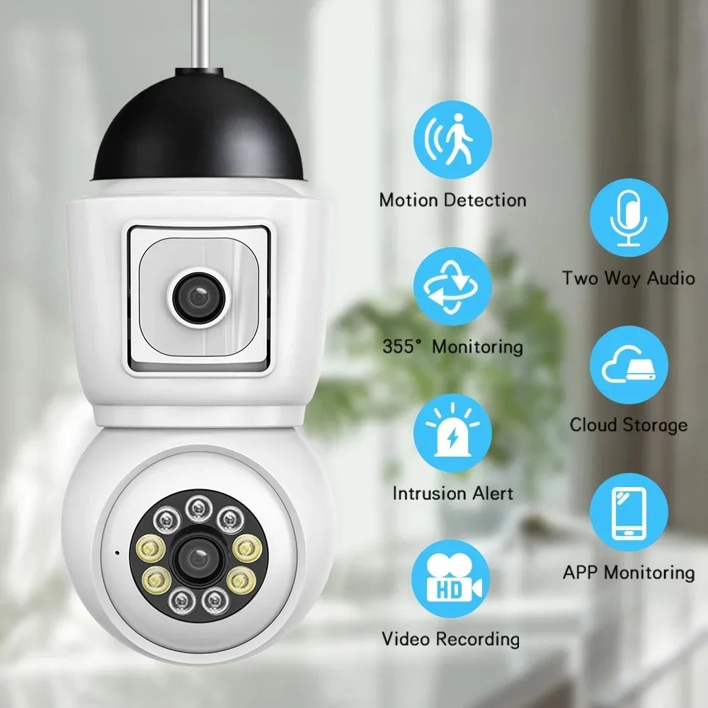 WiFi PTZ Lamp Camera Dual Screen - AI Human Tracking Indoor 4MP Security Surveillance IP Camera ICSEE PRO