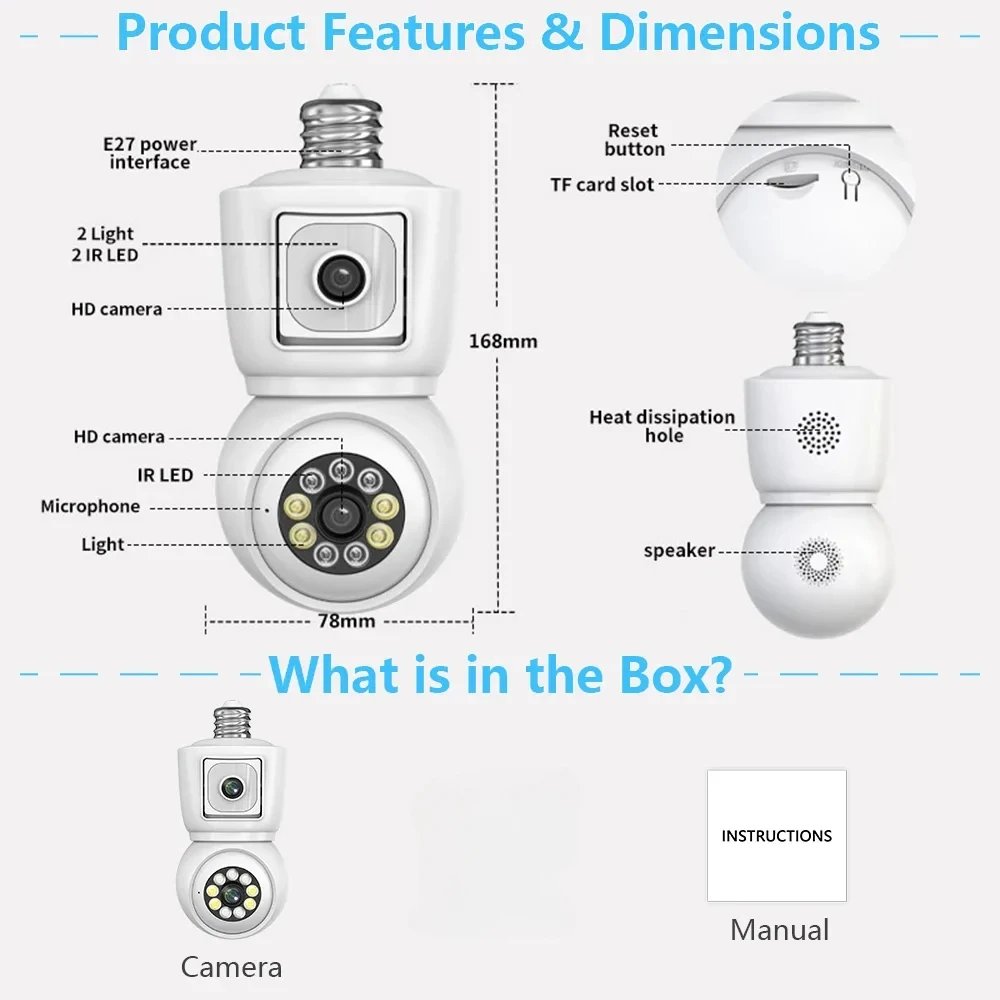 WiFi PTZ Lamp Camera Dual Screen - AI Human Tracking Indoor 4MP Security Surveillance IP Camera ICSEE PRO