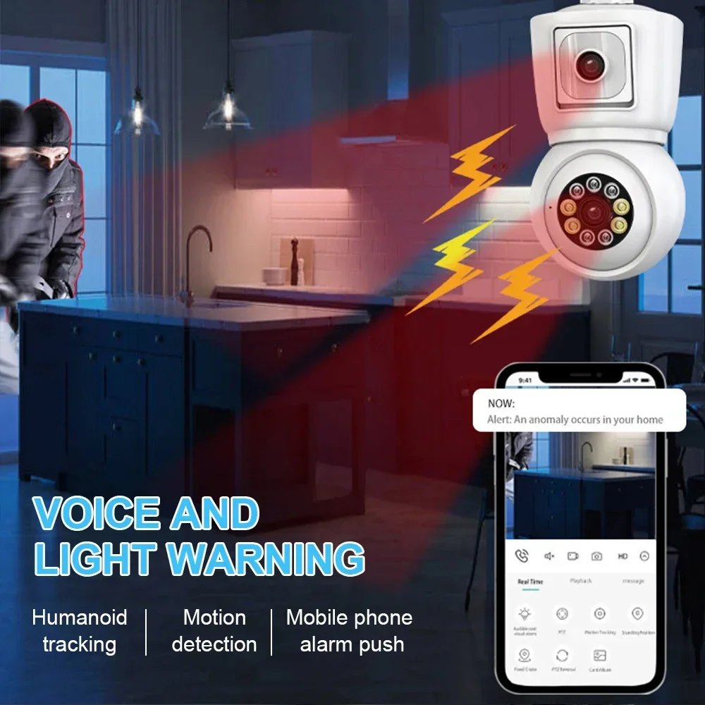 WiFi PTZ Lamp Camera Dual Screen - AI Human Tracking Indoor 4MP Security Surveillance IP Camera ICSEE PRO