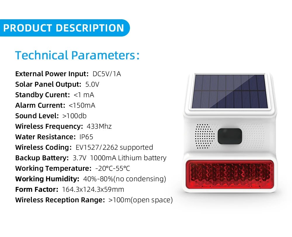 Wireless Outdoor Solar Siren Powered Strobe - Sound Flash Waterproof Alarm Siren for 433MHz Wifi GSM Alarm System