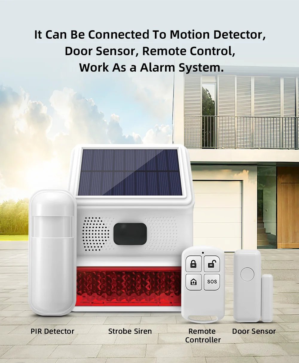 Wireless Outdoor Solar Siren Powered Strobe - Sound Flash Waterproof Alarm Siren for 433MHz Wifi GSM Alarm System