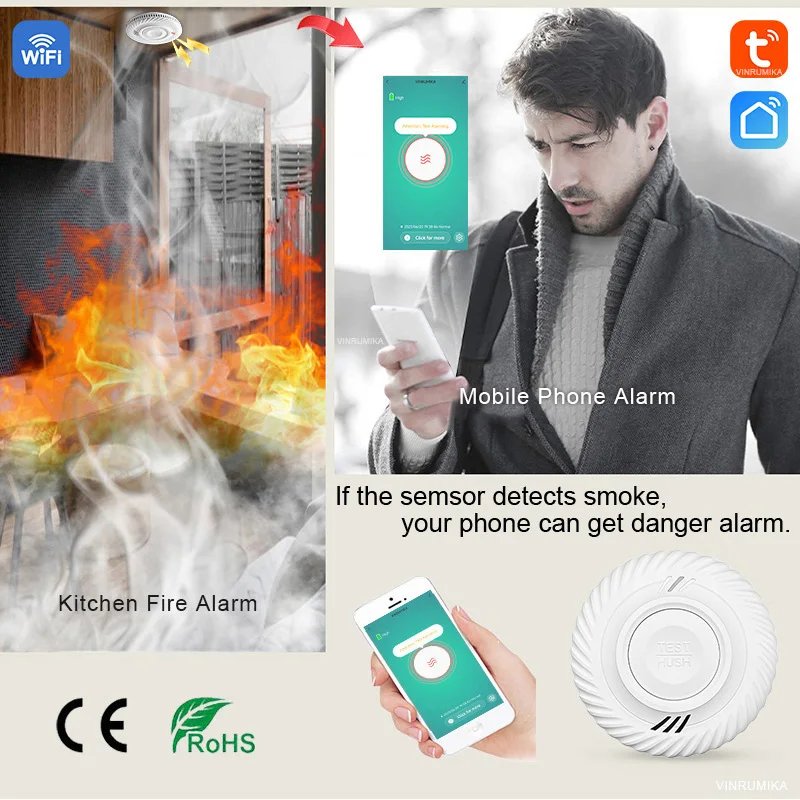 Wireless Interlinked Smoke Detector - 433MHz Connect Sensor Cover Home Fire Sound Alarm