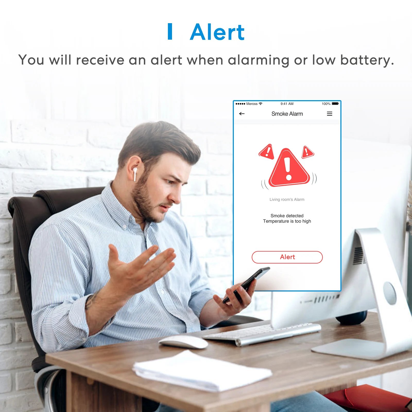 Meross Homekit Smart Smoke Detector - Sound Alert Wifi Wireless Fire Alarm Monitor For Apple HomeKit APP Remote With SmartThings