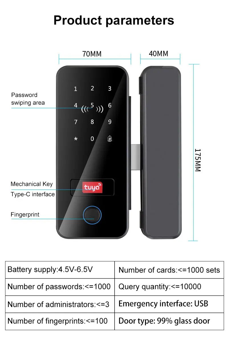 Access Electronic Fingerprint Recognition -  Smart Lock Tuya APP Rfid Card Biometric Unlock for Glass Door Lock Wooden Door