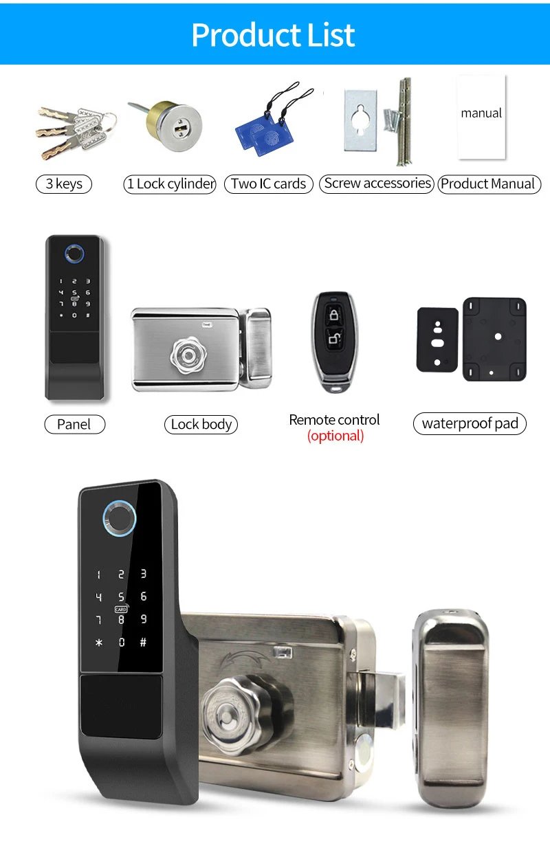 Fingerprint Smart Door Electronic Lock - Outdoor IP65 Waterproof Gate Bluetooth Password IC Card Lock + Key with Alexa