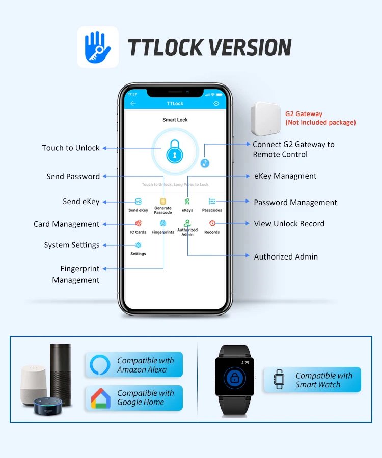 Smart Door Lock APP Remote Control  - Bluetooth Fingerprint Biometric Digital Passcode Card Rim Electronic Lock