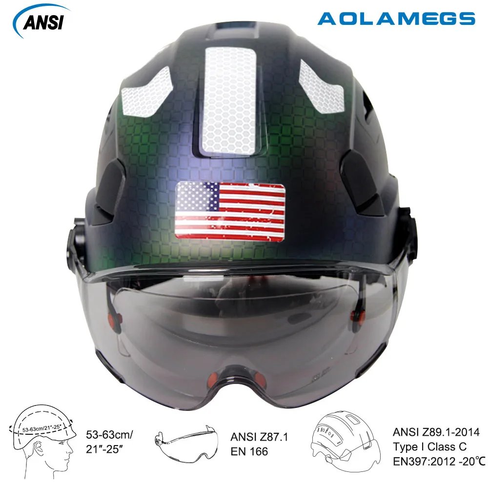 Construction Safety Helmet with Visor Built In Goggle Reflective Sticker for Engineer Print Pattern Industrial Work Security Hat