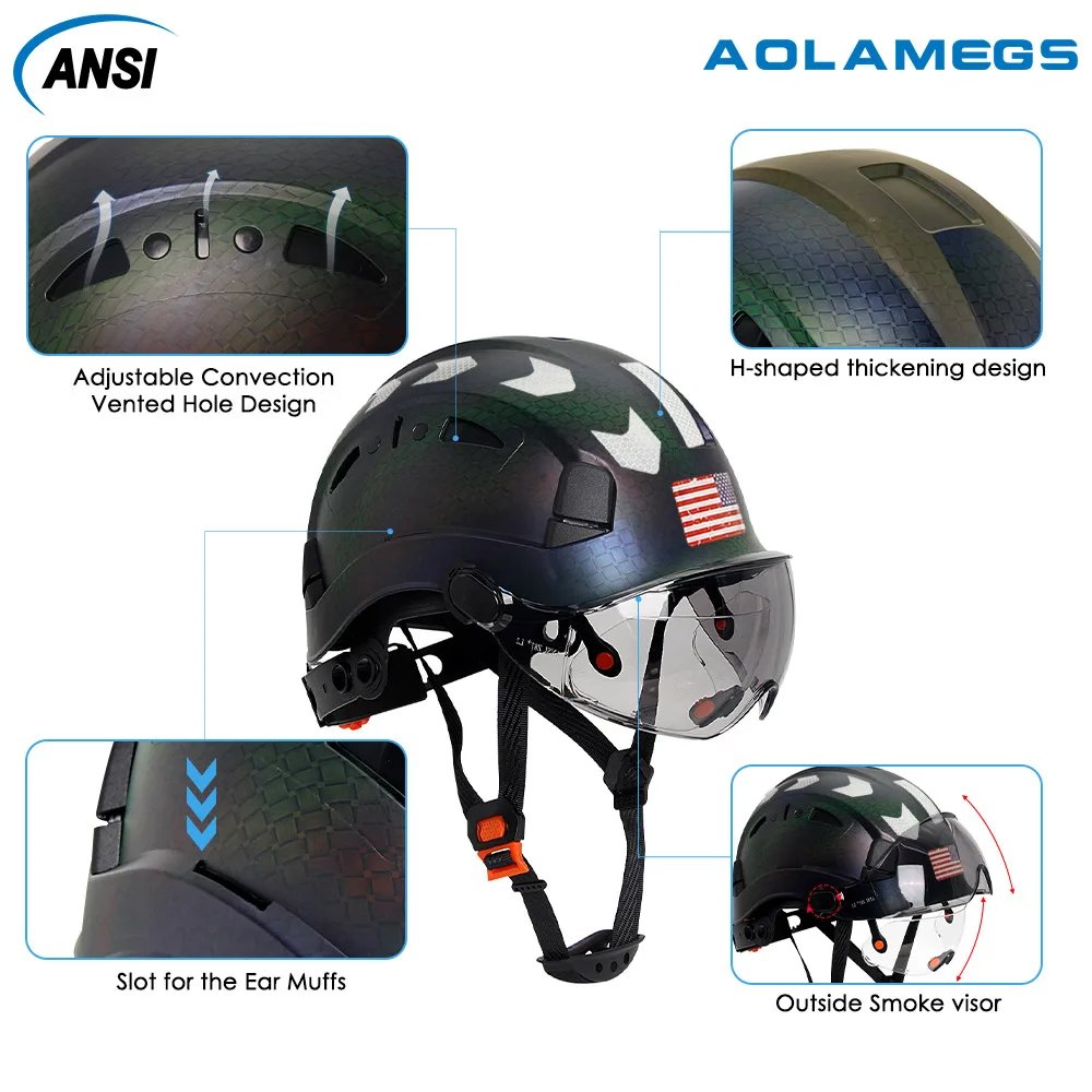 Construction Safety Helmet with Visor Built In Goggle Reflective Sticker for Engineer Print Pattern Industrial Work Security Hat