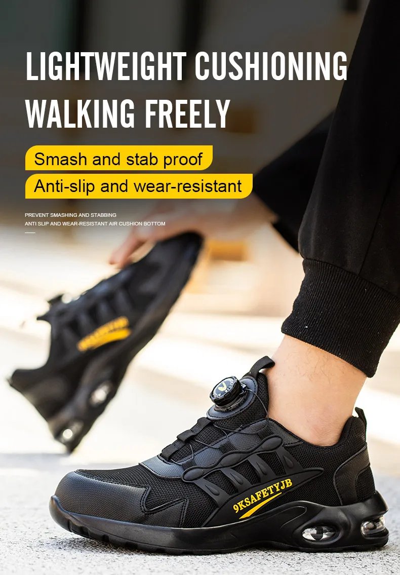Quality Safety Shoes Men Rotary Buckle Work Shoes Air Cushion Indestructible Sneakers Puncture-Proof security Boots Protective